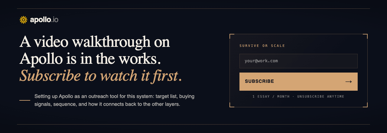 A video walkthrough on setting up Apollo as an outreach tool is in the works. Subscribe to Survive or Scale to watch it first.