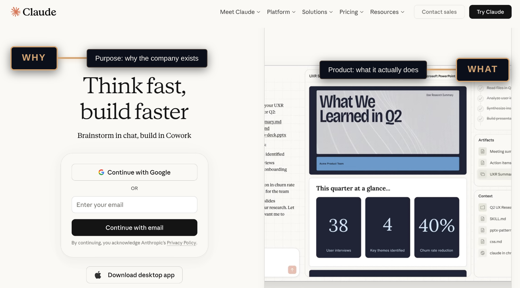 Claude homepage with labels showing the Why in the hero text and the What in the product preview